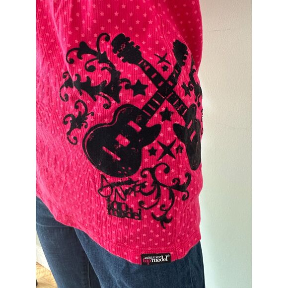 Vintage Y2k America's Next Top Model Pink Henley Top Velvet Guitars size JR XL - Picture 6 of 7